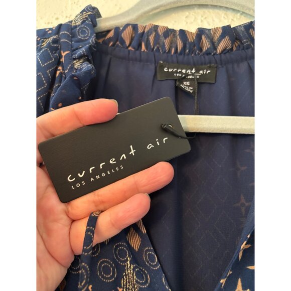 Anthropologie Current Air XS Taken In Teal Gold Navy Mini Dress Pleated - Picture 5 of 13